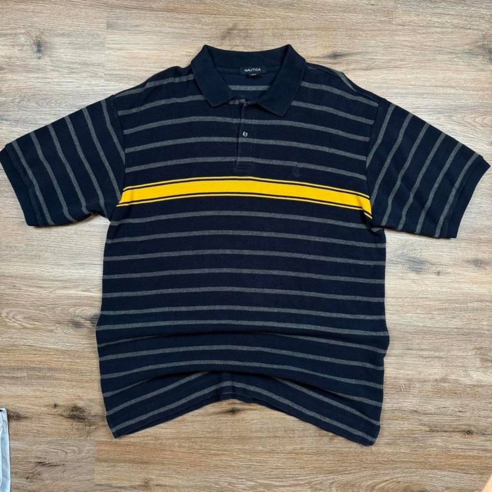 vintage 90s navy blue striped nautica thick knit polo with yellow stripe